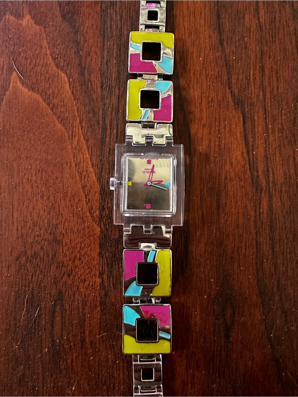 NWT! Swatch Square-Link Bracelet Watch in Pink, Yellow & Teal